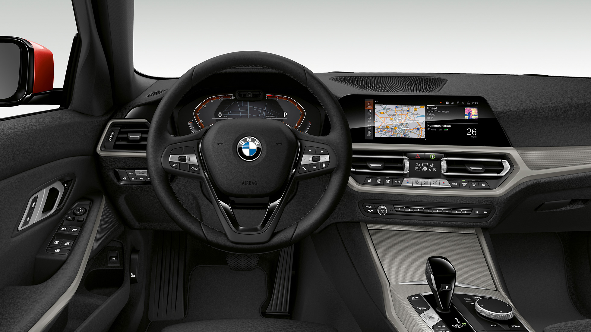 BMW Serie 3 Sedán, Cabina del Modelo Advantage. Acercamiento frontal de la cabina del conductor del BMW Serie 3 Sedán con elementos del modelo Advantage.