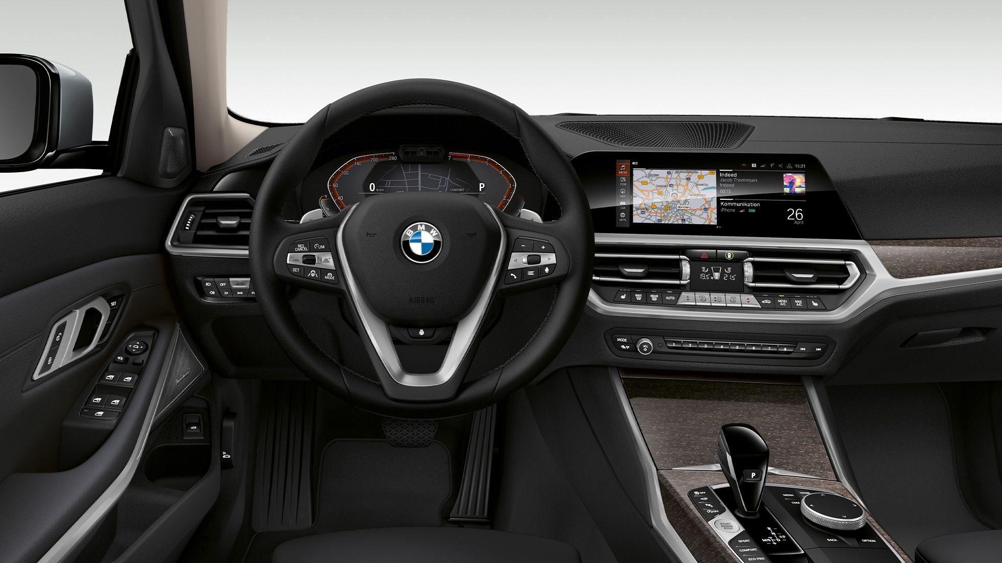 BMW Serie 3 Sedán, Cabina del Modelo Luxury Line. Acercamiento frontal de la cabina del conductor del BMW Serie 3 Sedán con elementos del Modelo Luxury Line.