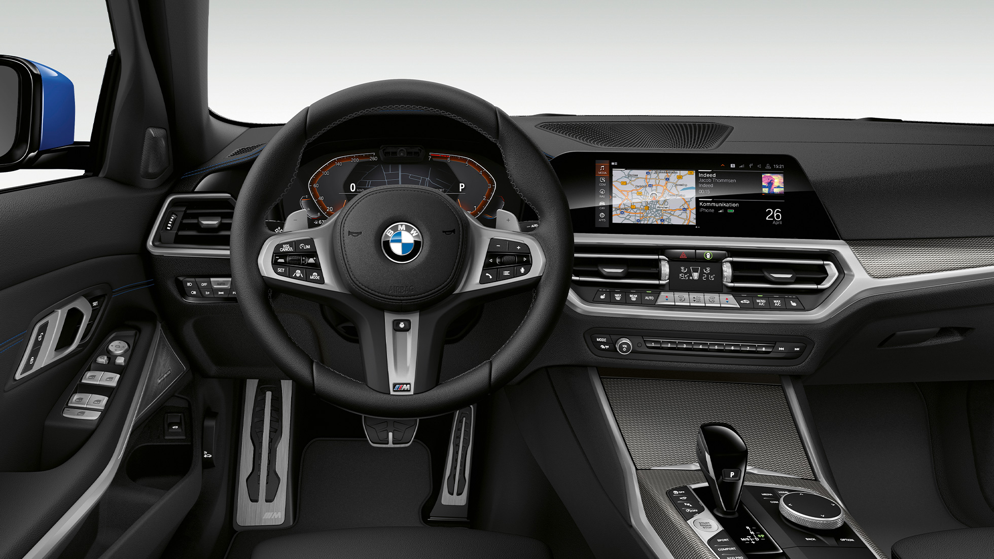 BMW Serie 3 Sedán, Cabina del Modelo M Sport. Acercamiento frontal de la cabina del conductor del BMW Serie 3 Sedán con elementos del Modelo M Sport.