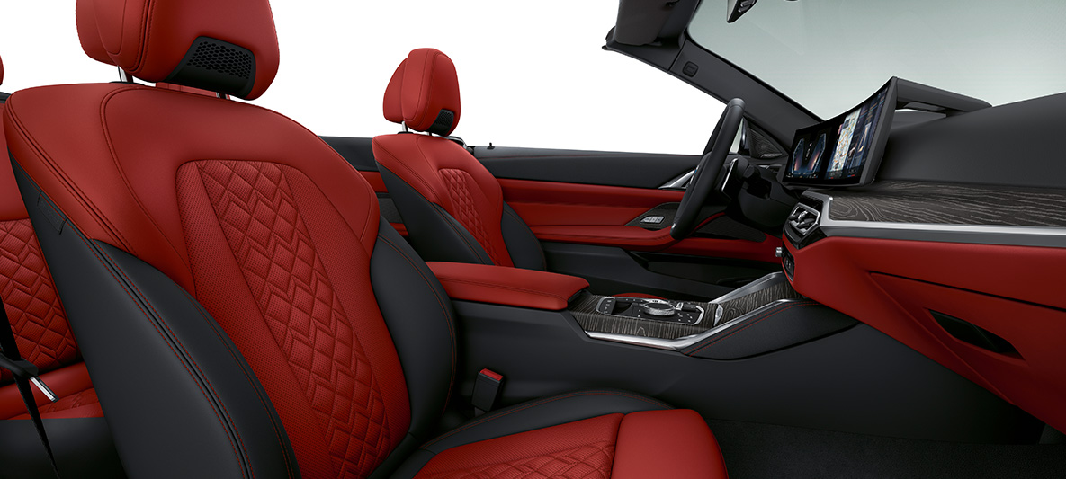 Equipamiento de cuero integral Merino BMW Individual Fionarot/Schwarz BMW Serie 4 Convertible Individual 2020 G23, interior Equipamiento de cuero integral Merino BMW Individual Fionarot/Schwarz BMW Serie 4 Convertible Individual G23 2020, interior, puesto de conducción