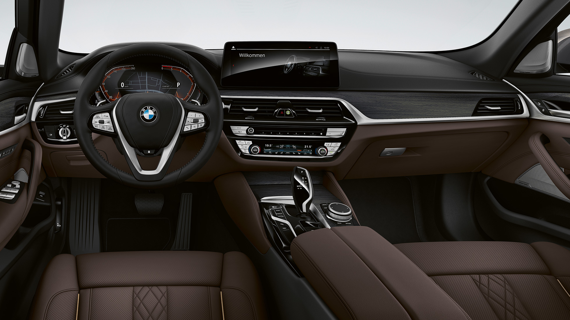 Cockpit BMW Serie 5 Sedan G30 Línea de lujo Cabina BMW Serie 5 Sedán G30 2020 Línea de lujo Exclusivo cuero 'Nappa' Moca Costura exclusiva con ribete en contraste interior