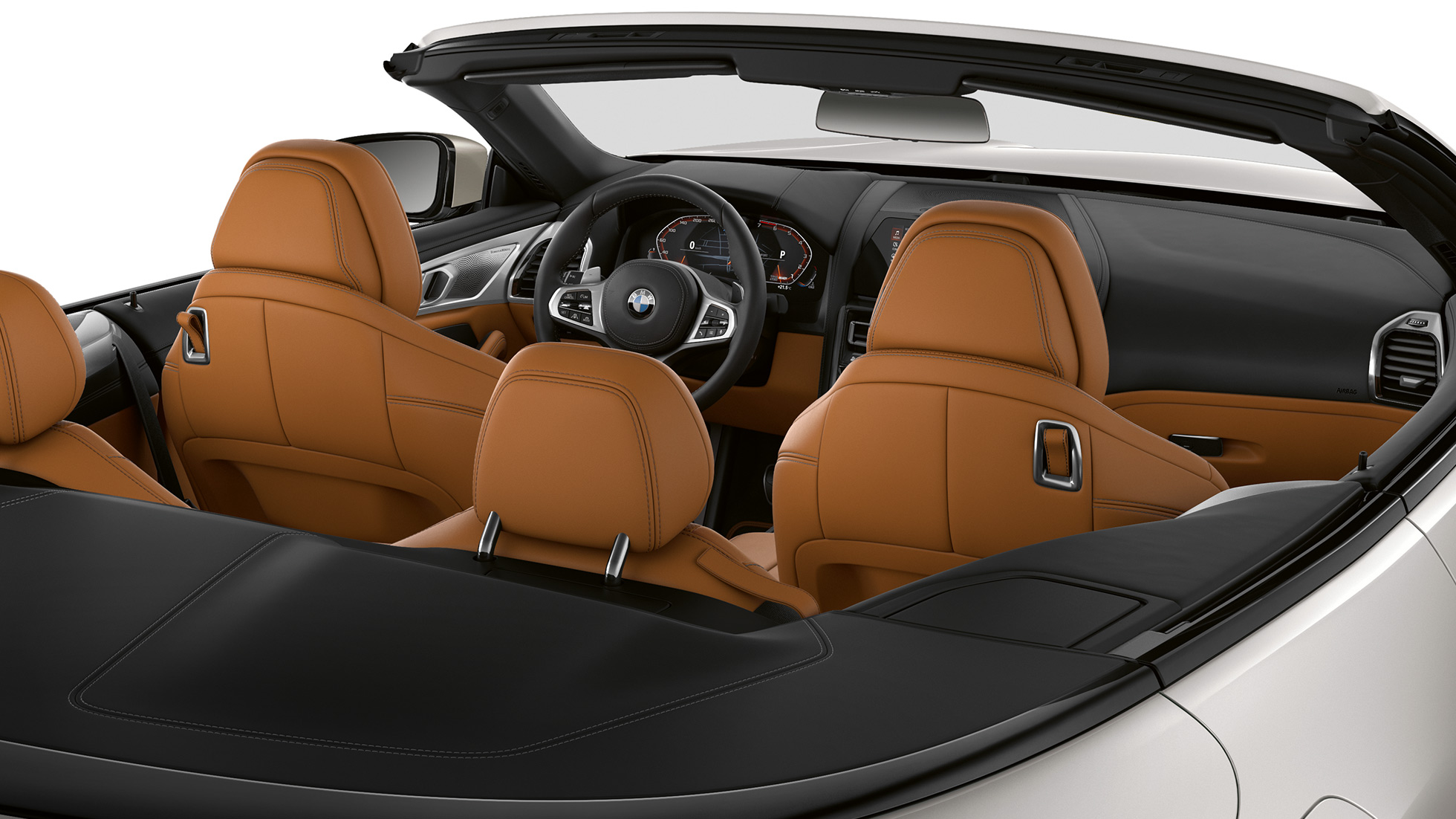 BMW M850i xDrive, interior con la capota suave abierta. BMW M850i xDrive, interior con la capota suave abierta.