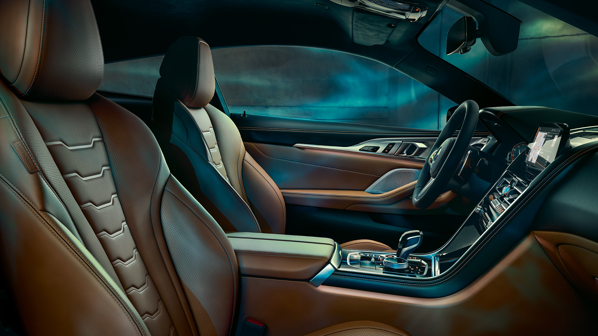 BMW M850i xDrive Coupé, interior. BMW M850i xDrive Coupé, interior con asientos multifuncionales en cuero extendido BMW Individual 'Merino' Tartufo/Black.