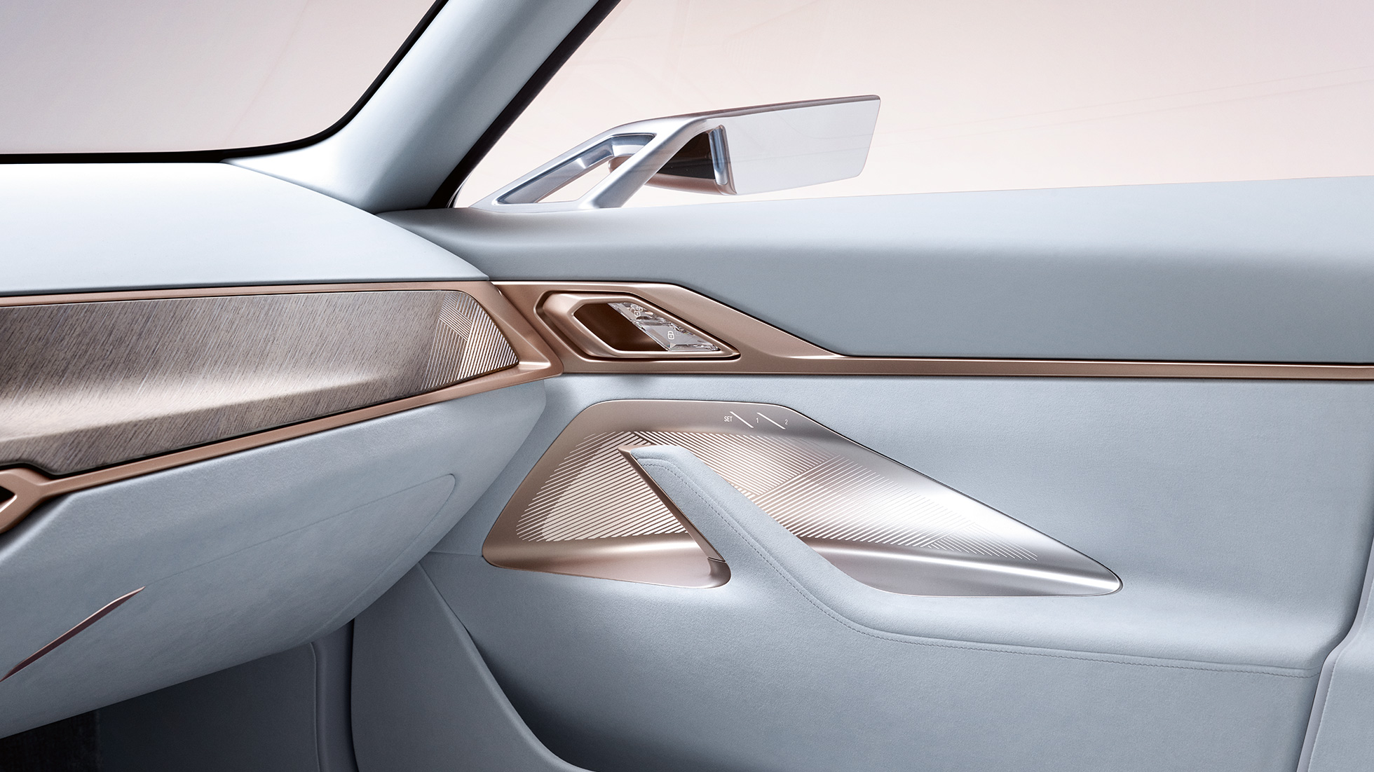 Interior del BMW Concept i4 2020 Interior del BMW Concept i4 2020 coche BMW Gran Coupé totalmente eléctrico, puerta de con retrovisor
